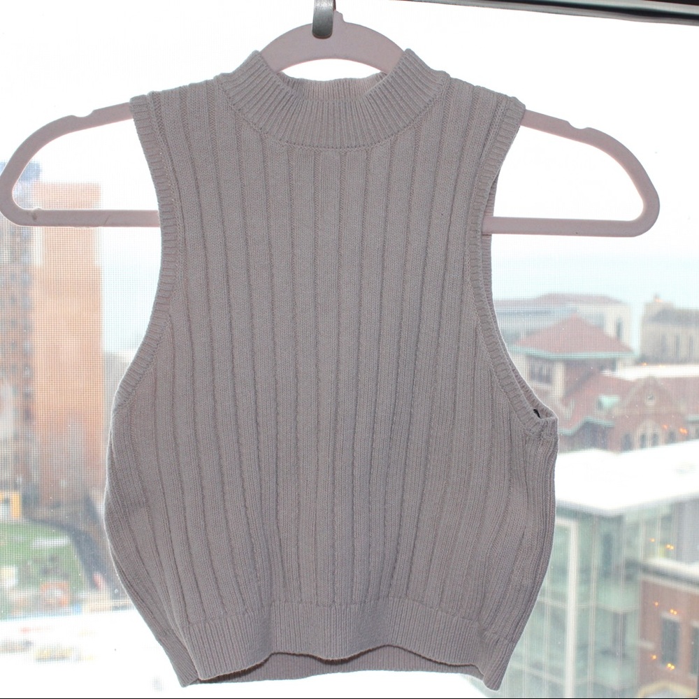 Beige Mock Turtle Neck Ribbed Crop Top